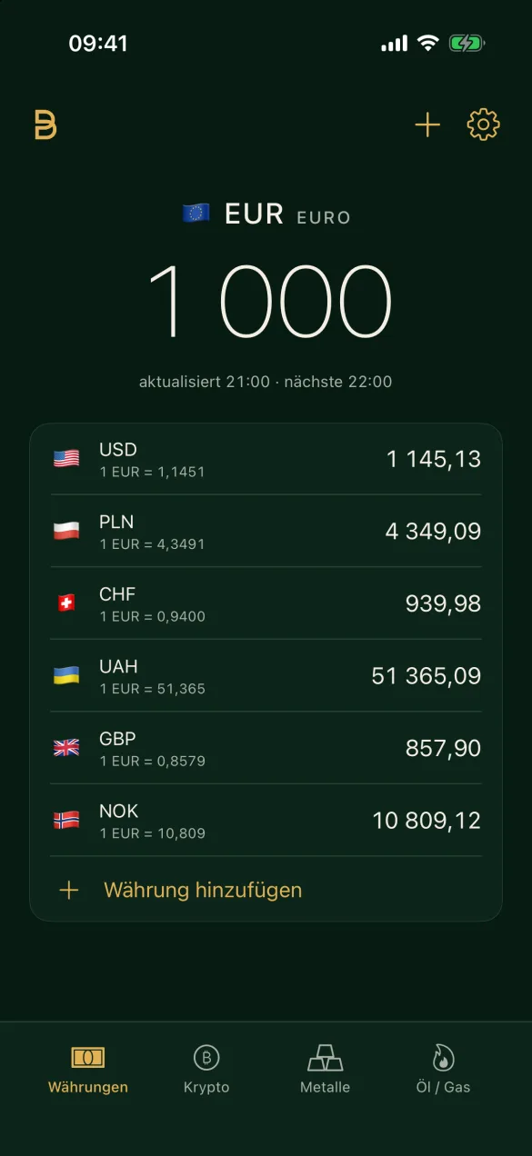 Currency by SOBE auf dem iPhone: 1.000 Euro in eine Liste von Währungen umgerechnet