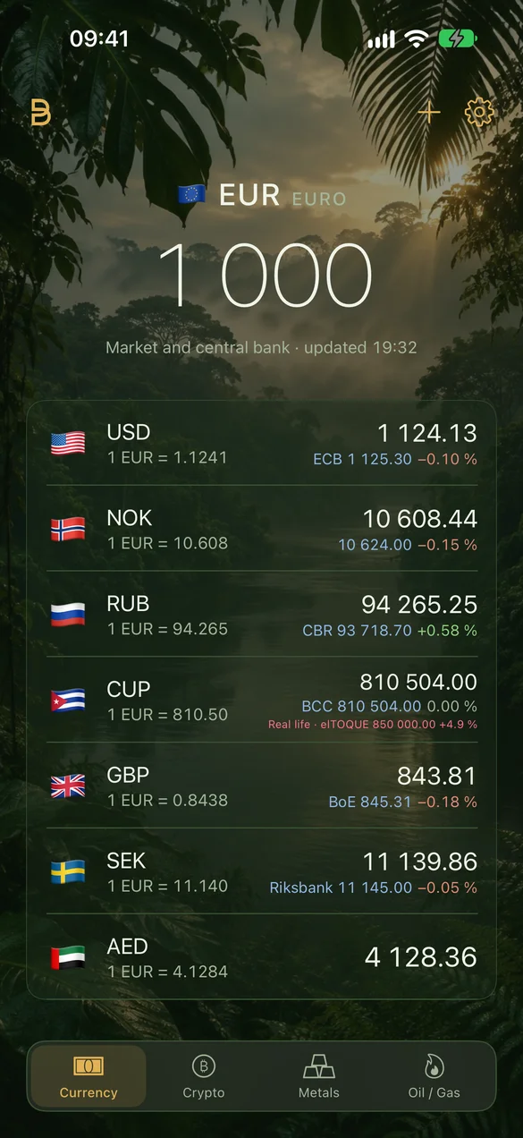 Currency by SOBE on iPhone: 1,000 euros converted into a list of currencies