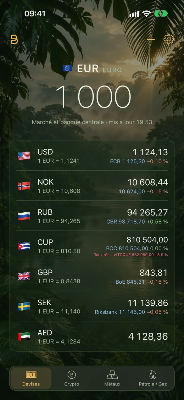 Currency by SOBE sur iPhone : 1 000 euros convertis dans plusieurs devises