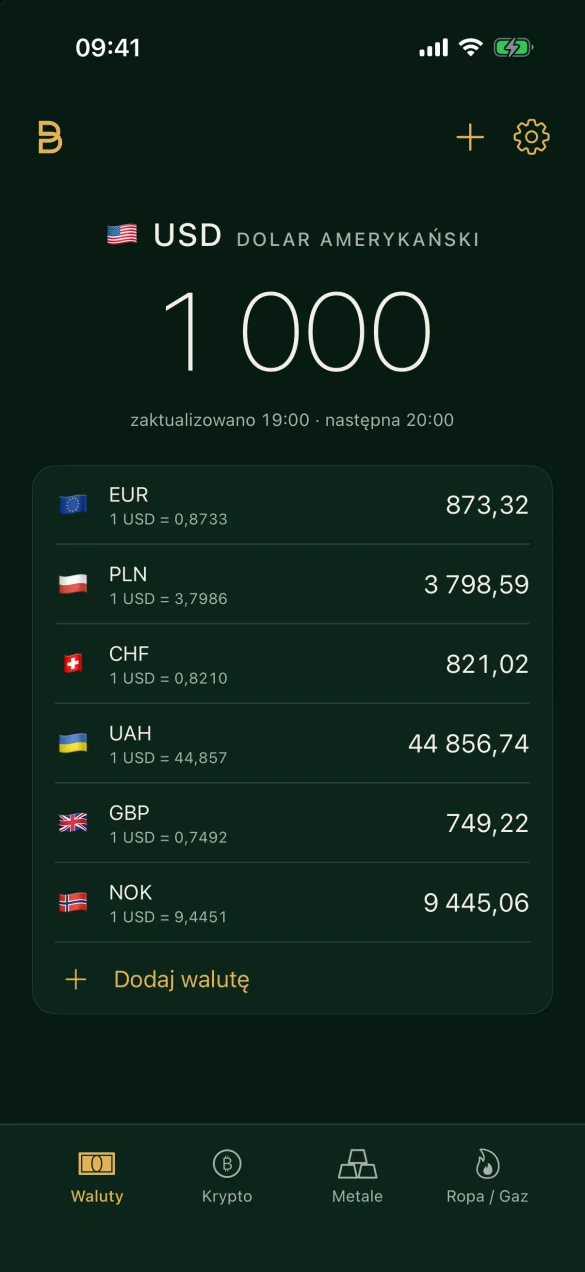 Currency by SOBE na iPhonie: 1000 dolarów przeliczone na listę walut