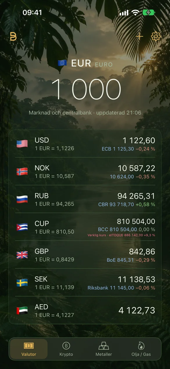 Currency by SOBE på iPhone: 1 000 euro omräknat till flera valutor