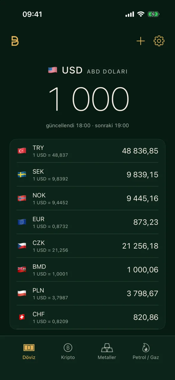iPhone'da Currency by SOBE: 1.000 ABD doları bir döviz listesine çevrilmiş